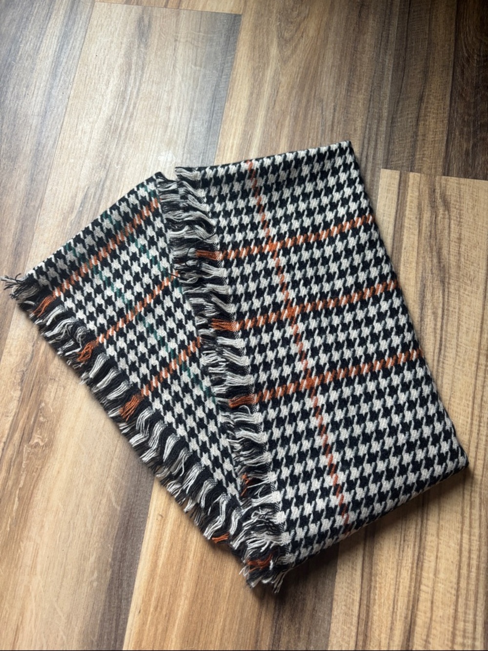 Black & White Houndstooth Infinity Scarf with Orange & Green Accents